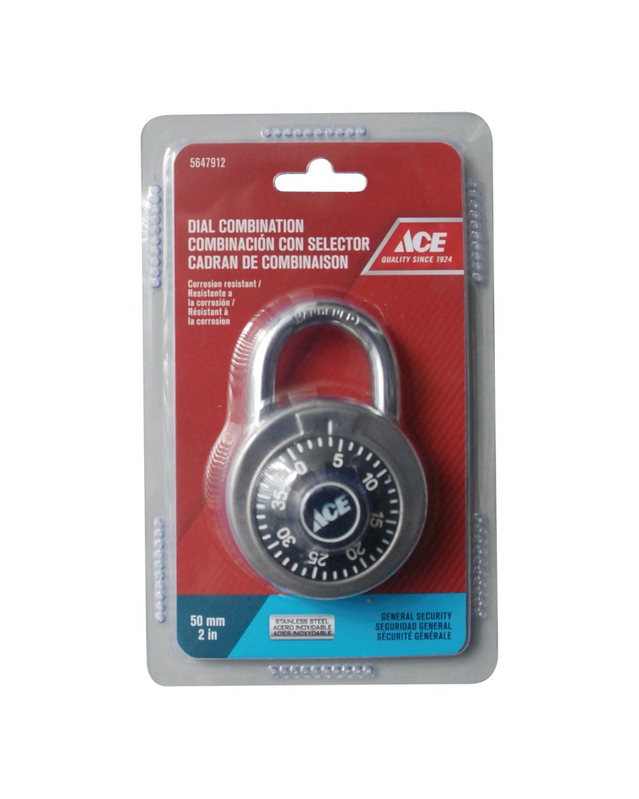 COMBINATION PADLOCK 50MM (2IN) BLACK DIAL STAINLESS STEEL ACE
