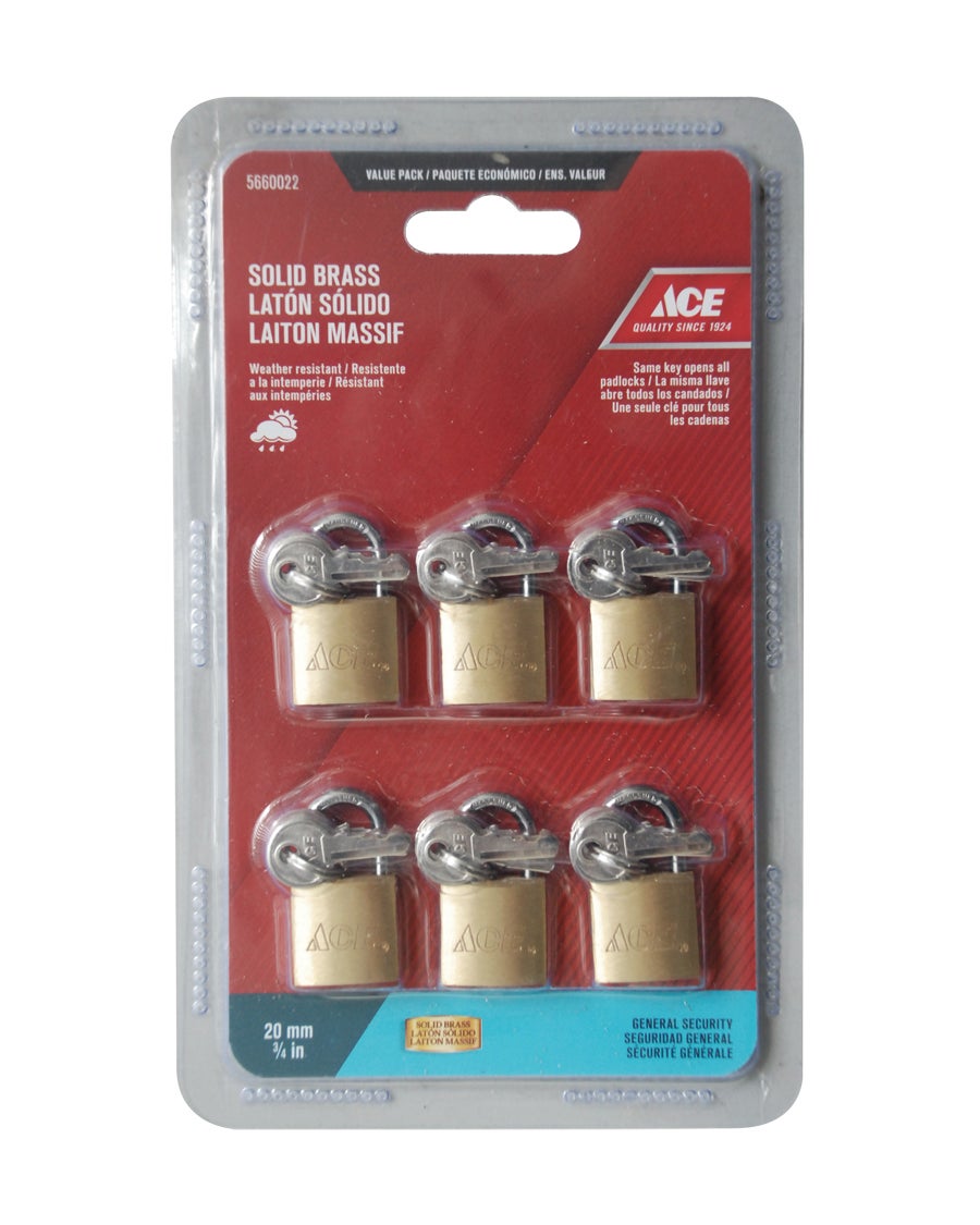 PADLOCK 6 PACK 20MM (3/4IN) SOLID BRASS ACE