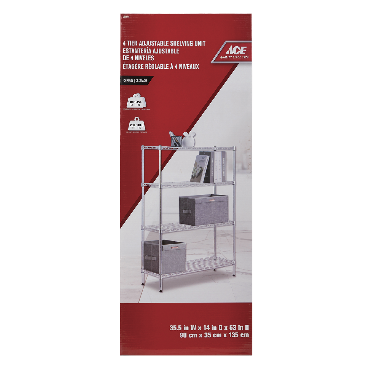 ACE SHELF UNIT 4 TIER CHROME 90 X 35CM X 135CM (35.4IN X 13.7IN X 53.1IN)