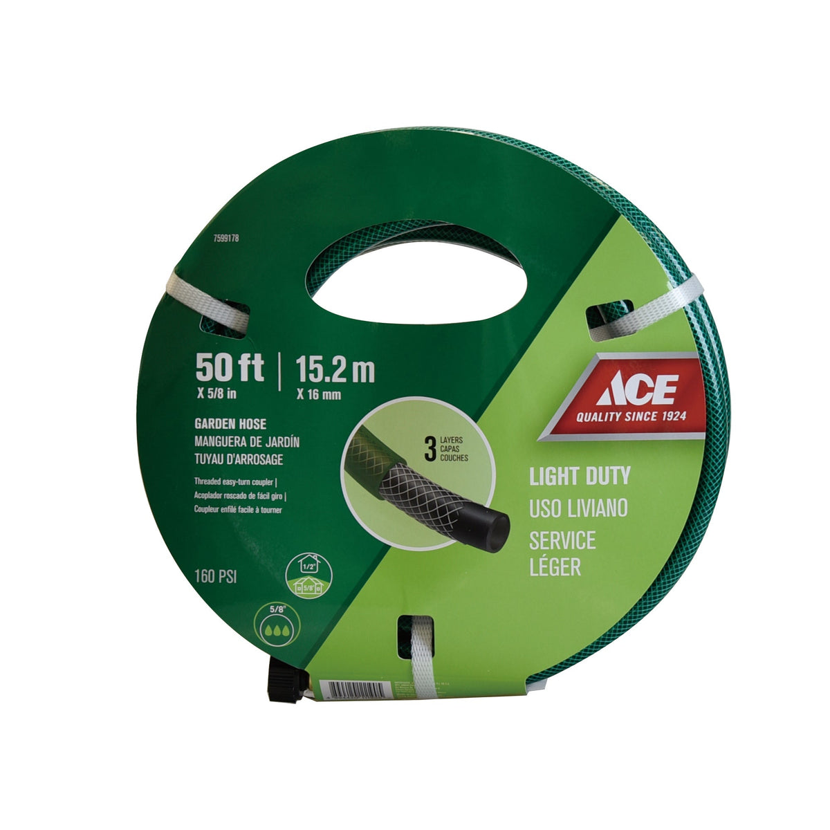 ACE GARDEN HOSE LIGHT DUTY 50FT X 5/8IN DIA. (15.2M X 15.9MM DIA.) PLASTIC COUPLER