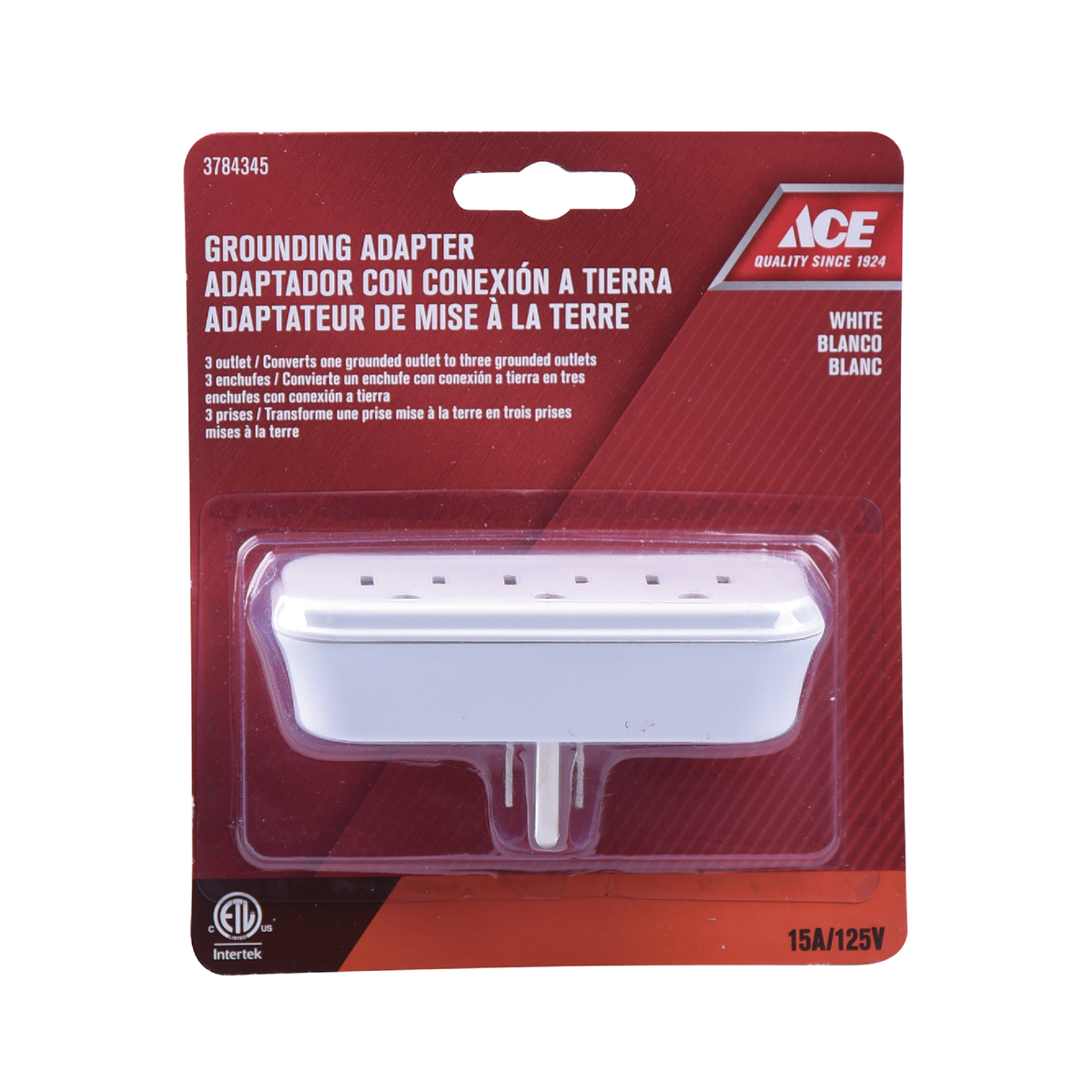 OUTLET ADAPTER TRIPLE GROUNDED 125V 60HZ 15AMP WHITE ETL/CETL ACE
