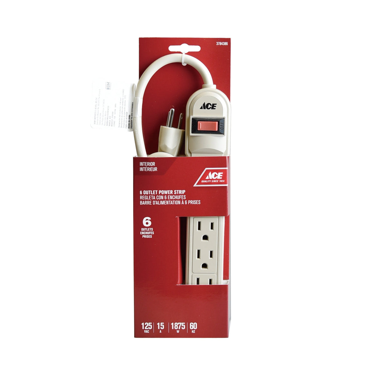 POWERSTRIP SIX OUTLET GROUNDED 0.9M(3FT) CORD 125V 60HZ IVORY UL/CUL PLASTIC ACE