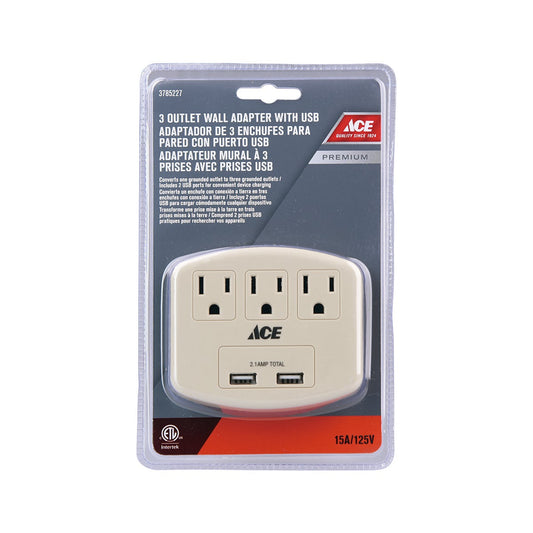 OUTLET ADAPTER TRIPLE GROUNDED TWO 2.1AMP USB 125V 60HZ 15AMP IVORY ETL/CETL ACE