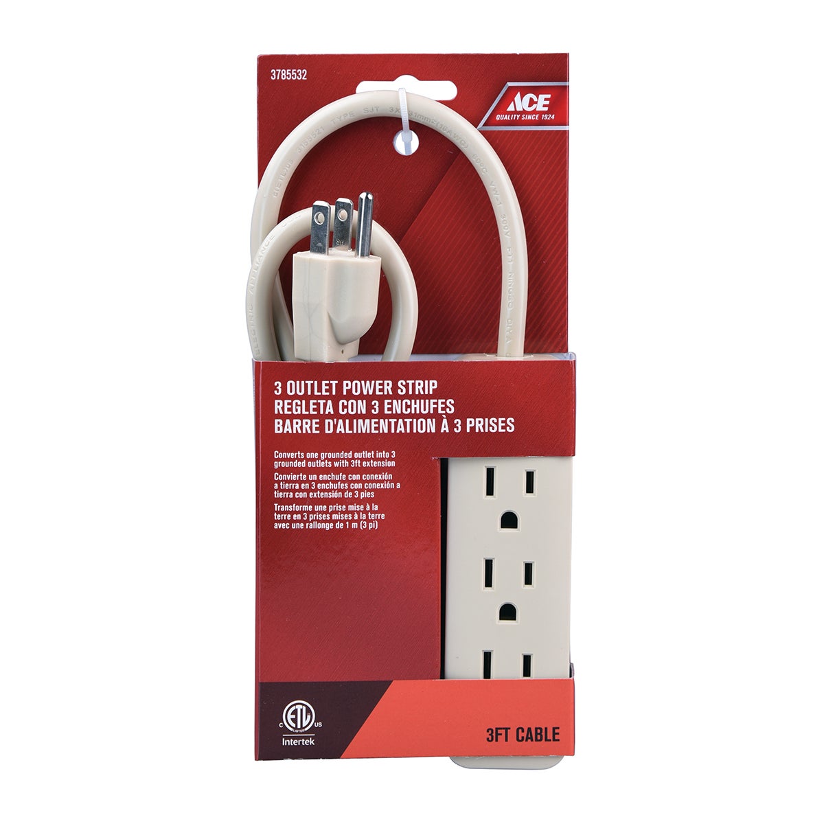 POWERSTRIP THREE OUTLET GROUNDED 0.9M(3FT) CORD 125V 60HZ IVORY ETL/CETL ACE