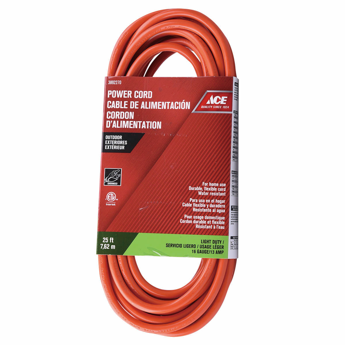 ACE orange 25-foot outdoor grounded 16/3 extension cord