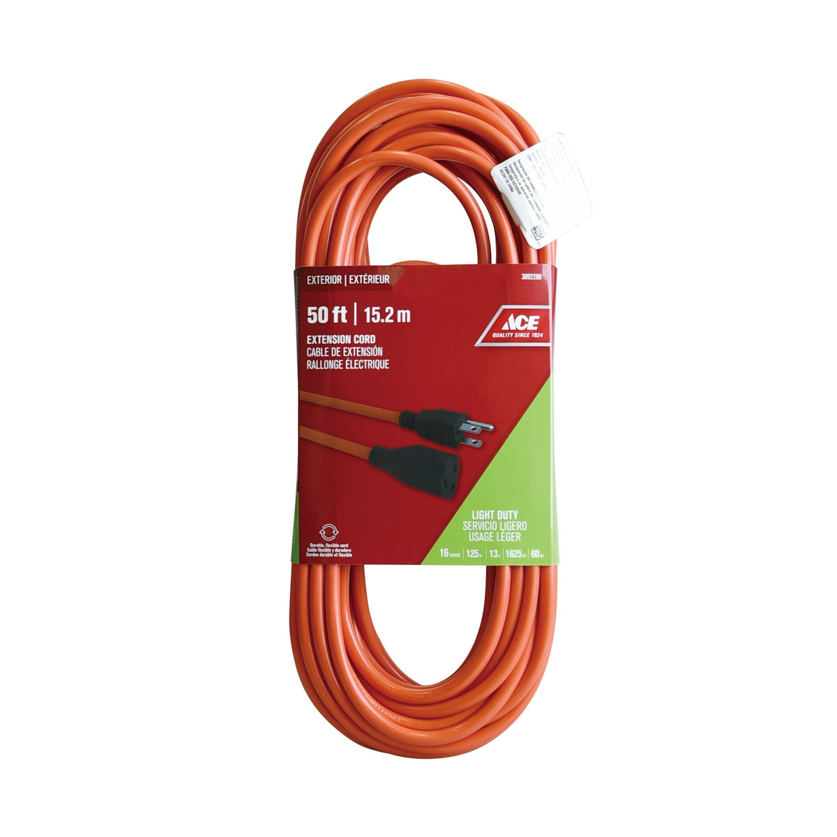 EXTENSION CORD OUTDOOR 15.2M (50FT) GROUNDED 16/3 AWG SJTW 13AMP 1625W 125V ORANGE ETL/CETL ACE
