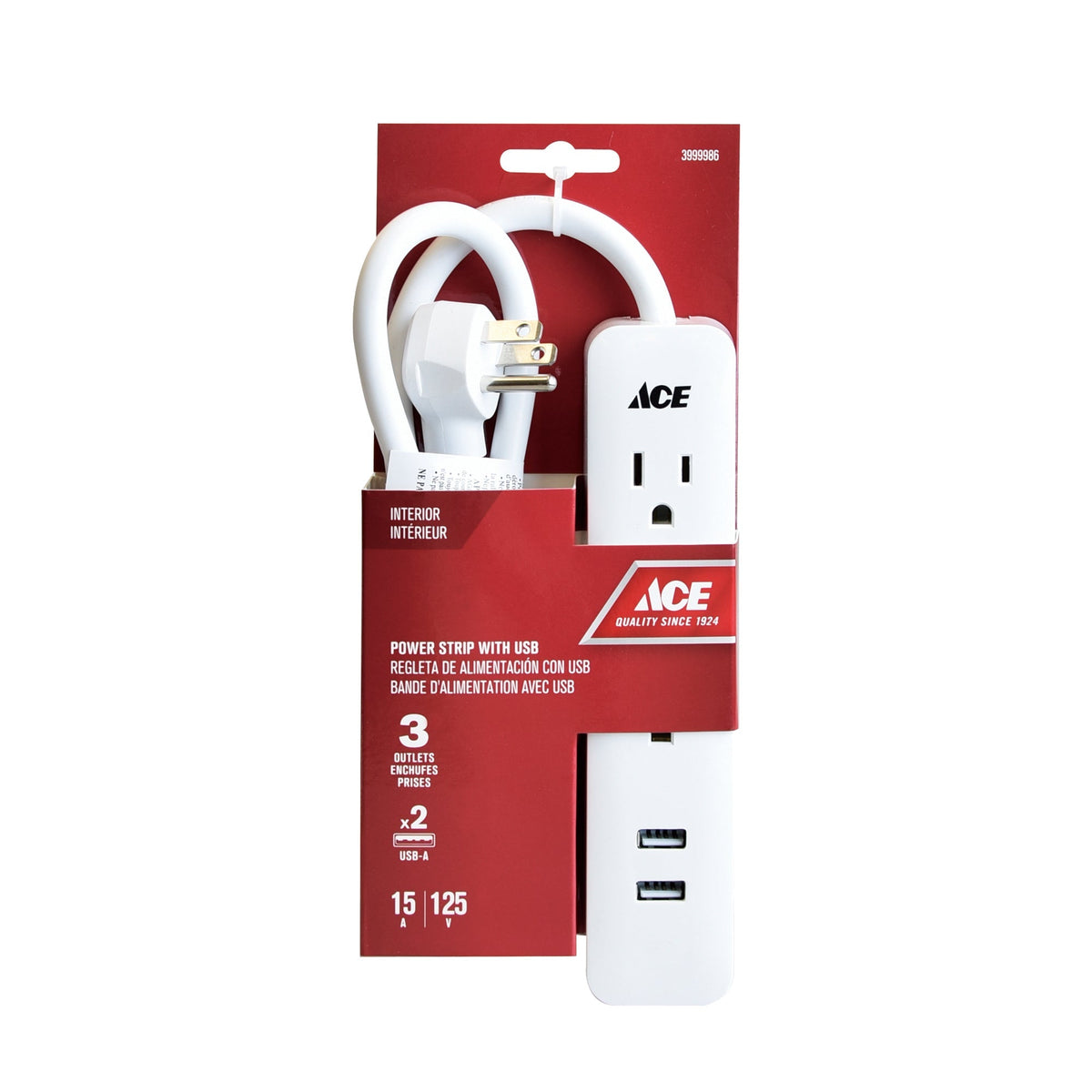 ACE 3 OUTLET GROUNDED WITH 2 USB 2.1A 15a MAX 3FT