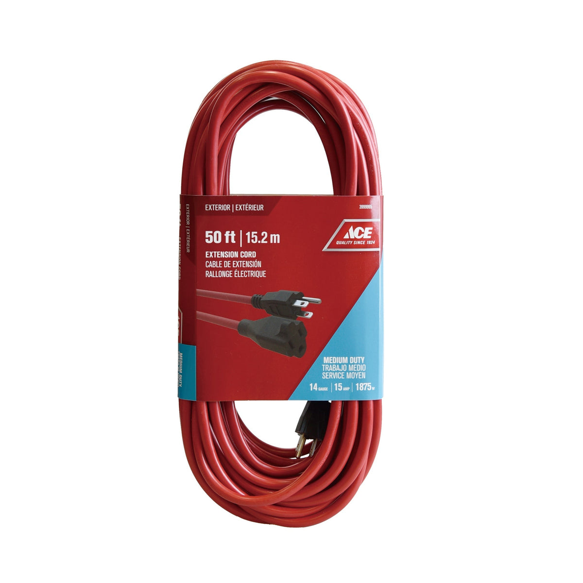 EXTENSION CORD OUTDOOR 15.2M (50FT) GROUNDED 14/3 AWG SJTW 15AMP 1875W 125V RED ETL/CETL ACE