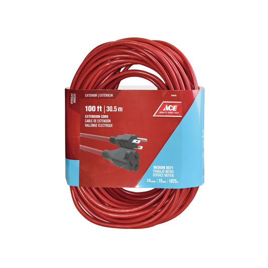 EXTENSION CORD OUTDOOR 30.5M (100FT) GROUNDED 14/3 AWG SJTW 15AMP 1875W 125V RED ETL/CETL ACE