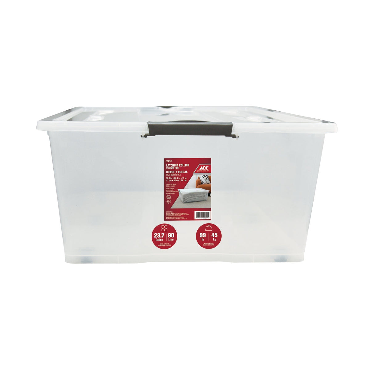 ACE LATCH STORAGE BOX W/WHEELS CLEAR 23.7 GAL (90L)