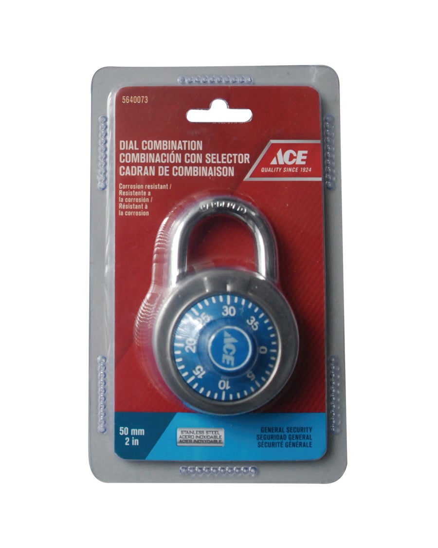 COMBINATION PADLOCK 50MM (2IN) BLUE DIAL STAINLESS STEEL ACE