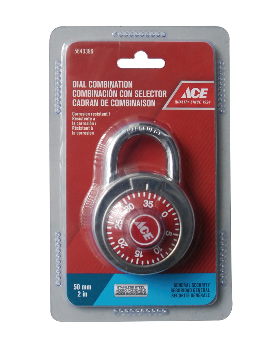 COMBINATION PADLOCK 50MM (2IN) RED DIAL STAINLESS STEEL ACE