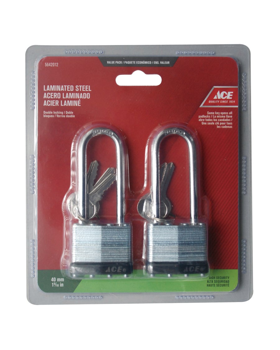 LAMINATED LONG SHACKLE PADLOCK 2 PACK 40MM (1 9/16IN) STEEL ACE