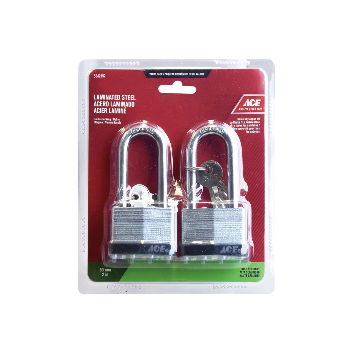 LAMINATED LONG SHACKLE PADLOCK 2 PACK 50MM (2IN) STEEL ACE