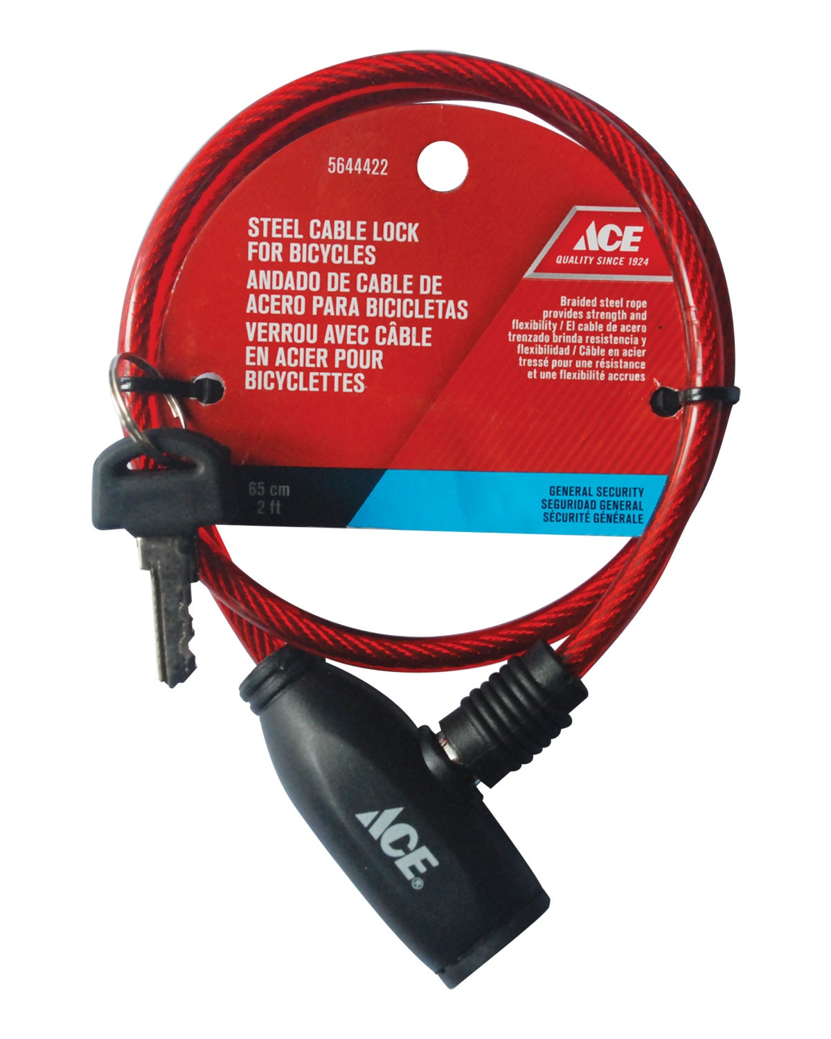 BICYCLE CABLE LOCK 65CM X 6MM (2FT X 0.24IN) STEEL RED ACE