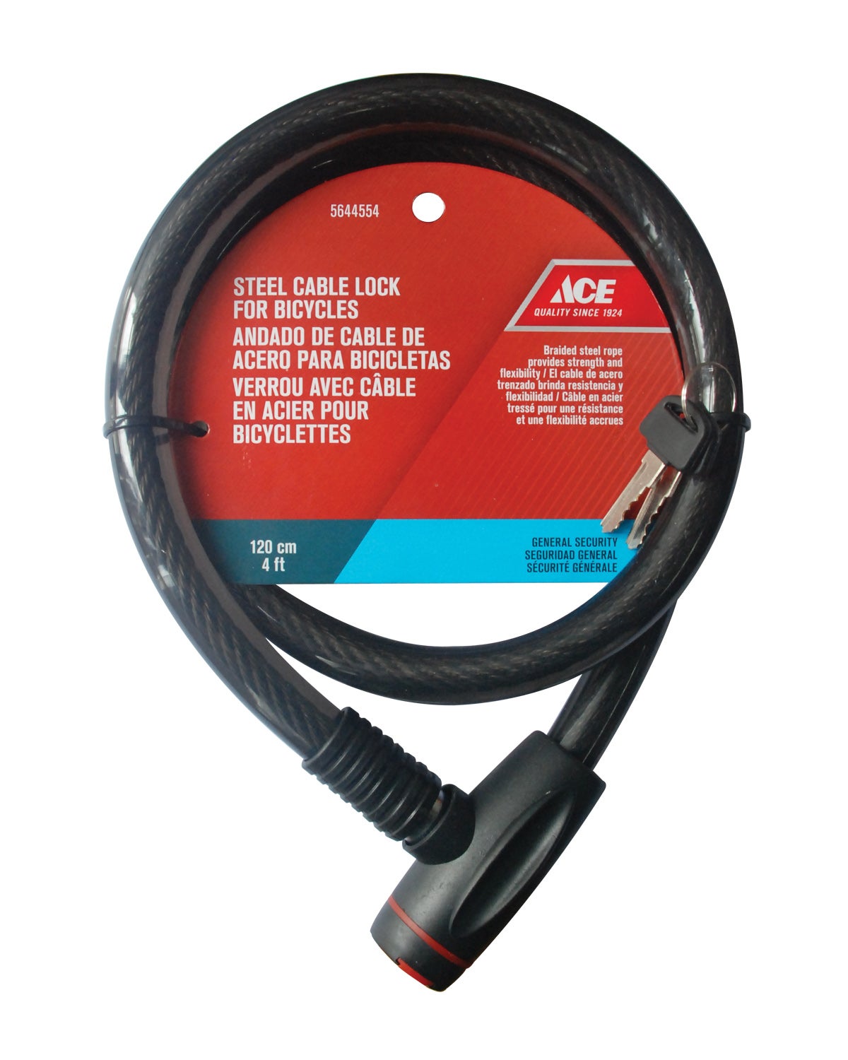BICYCLE CABLE LOCK BLACK 120CM (4FT) STEEL ACE