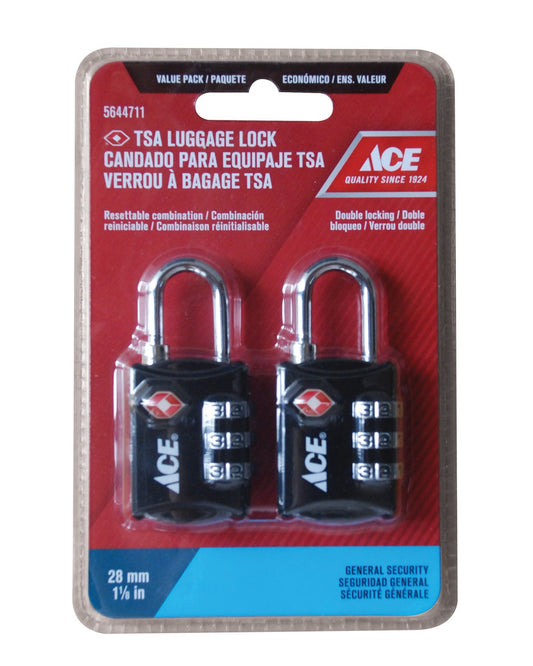 ACE LUGGAGE 3 DIAL COMBINATION PADLOCK 2PK 28MM (1 1/8IN) ZINC ALLOY