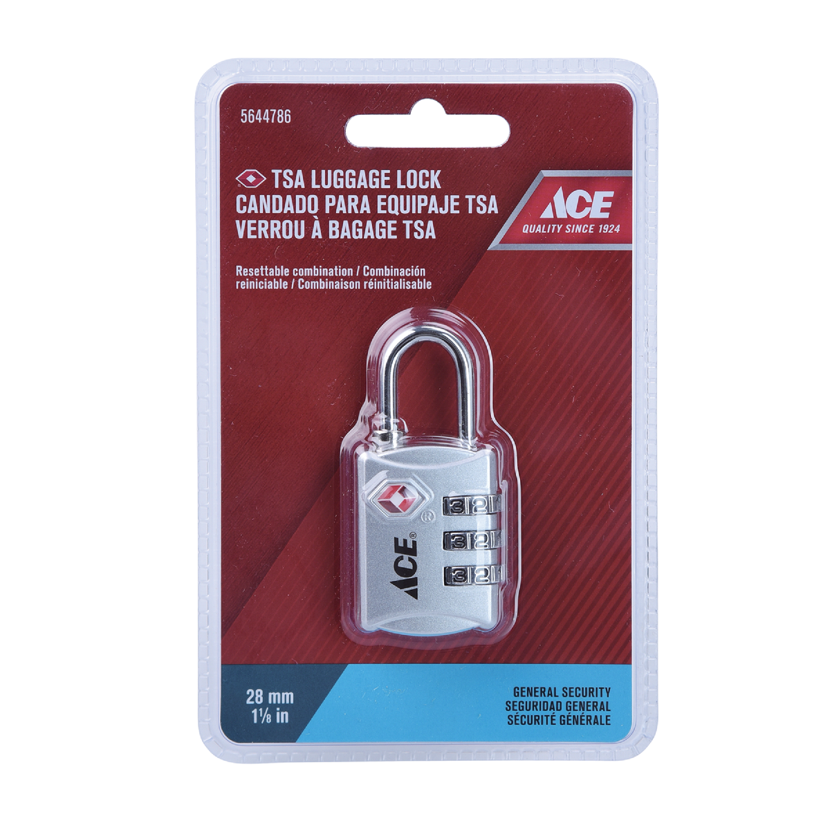 ACE LUGGAGE 3 DIAL COMBINATION PADLOCK SILVER 28MM(1 1/8IN) ZINC ALLOY