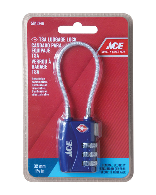 ACE LUGGAGE 3 DIAL COMBINATION PADLOCK BLUE 32MM(1 1/4IN) ZINC ALLOY