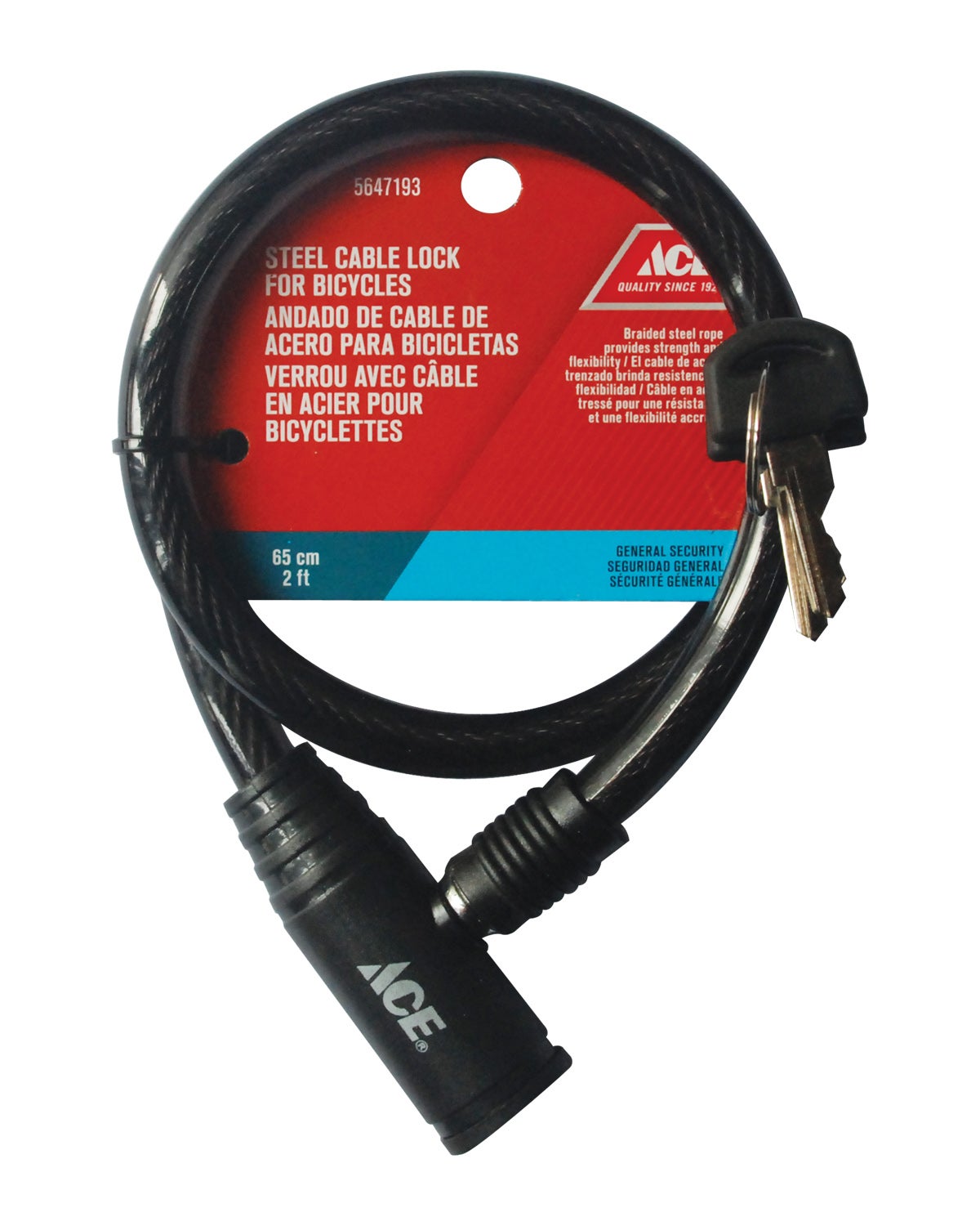 BICYCLE CABLE LOCK 65CM X 10MM (2FT X 0.39IN) STEEL BLACK ACE