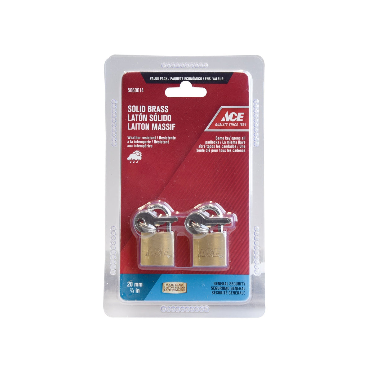 PADLOCK 2 PACK 20MM (3/4IN) SOLID BRASS ACE