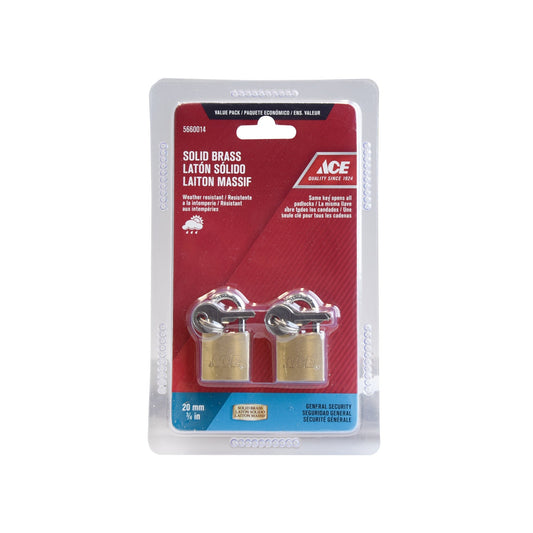 PADLOCK 2 PACK 20MM (3/4IN) SOLID BRASS ACE