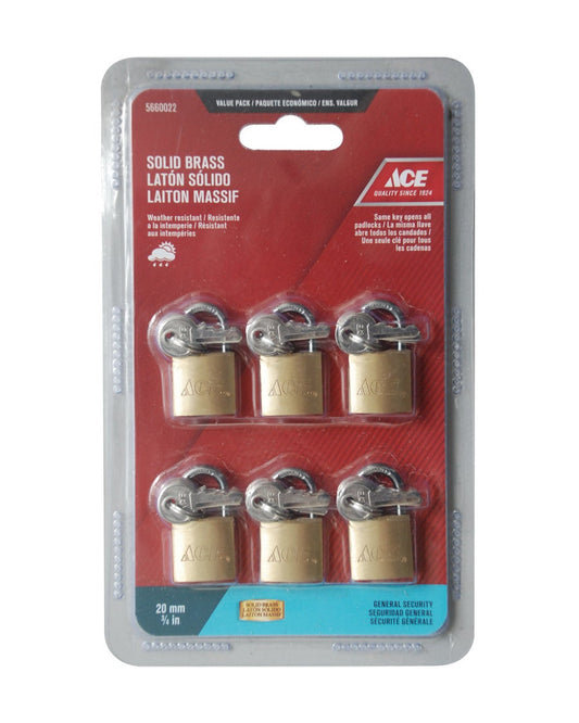 PADLOCK 6 PACK 20MM (3/4IN) SOLID BRASS ACE