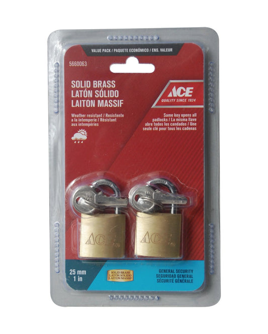 PADLOCK 2 PACK 25MM (1IN) SOLID BRASS ACE