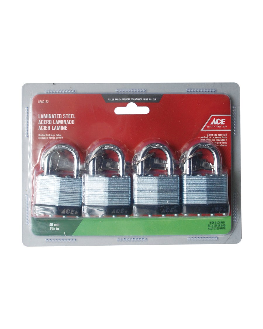 LAMINATED PADLOCK 4 PACK 40MM (1 9/16IN) STEEL ACE