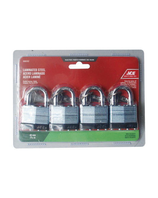 LAMINATED PADLOCK 4 PACK 40MM (1 9/16IN) STEEL ACE