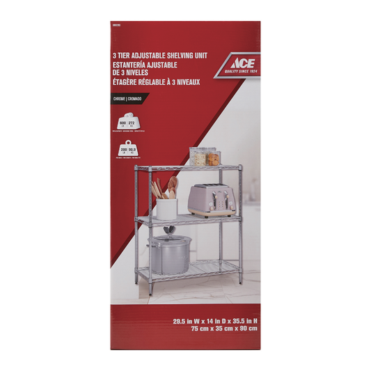 ACE SHELF UNIT 3 TIER CHROME 75CM X 35CM X 90CM (29.5IN X 13.7IN X 35.4.1IN)