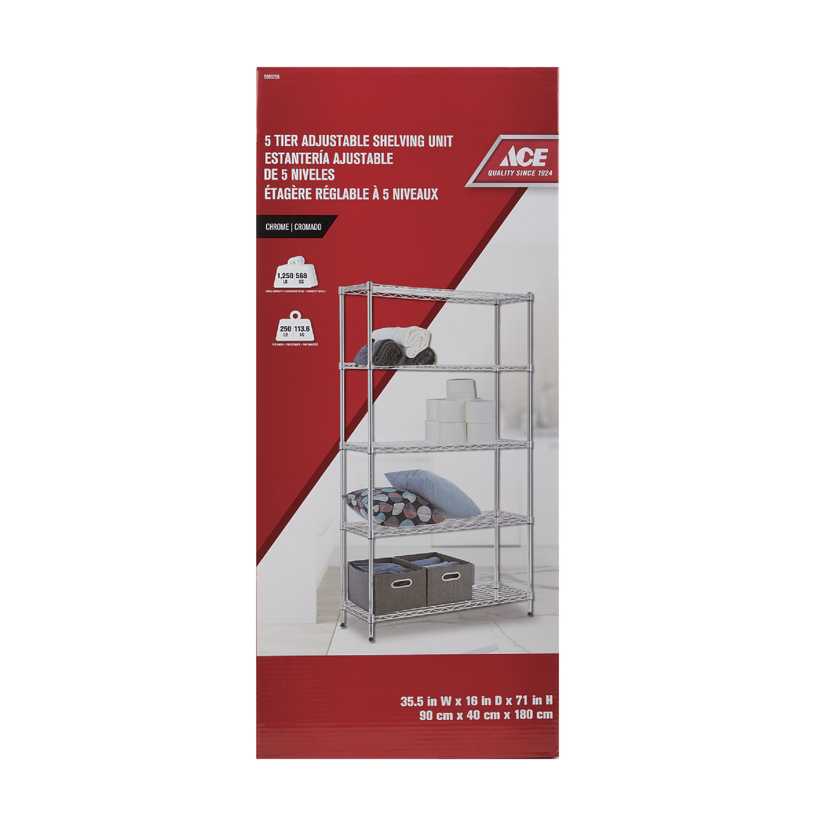 ACE SHELF UNIT 5 TIER CHROME 90CM X 40CM X 180CM (35.4IN X 15.7IN X 70.8IN)