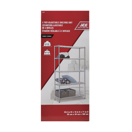 ACE SHELF UNIT 5 TIER CHROME 90CM X 40CM X 180CM (35.4IN X 15.7IN X 70.8IN)
