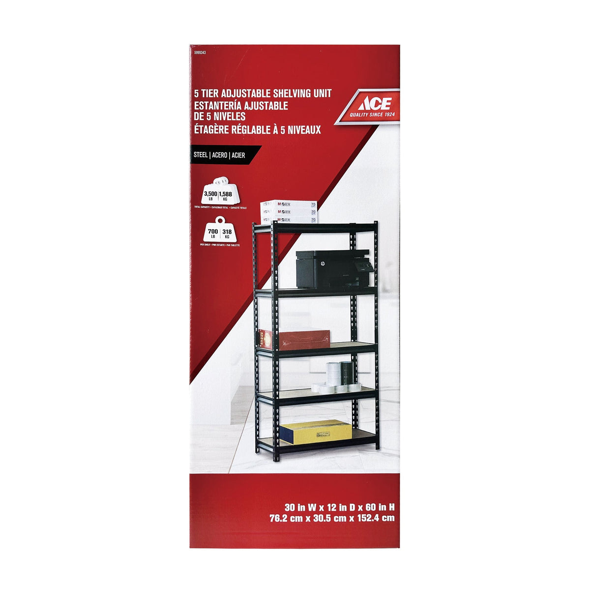 ACE SHELF UNIT 5 TIER 76.2CM X 30.5CM X 152CM (30IN X 12IN X 60IN) PARTICLE BOARD AND STEEL