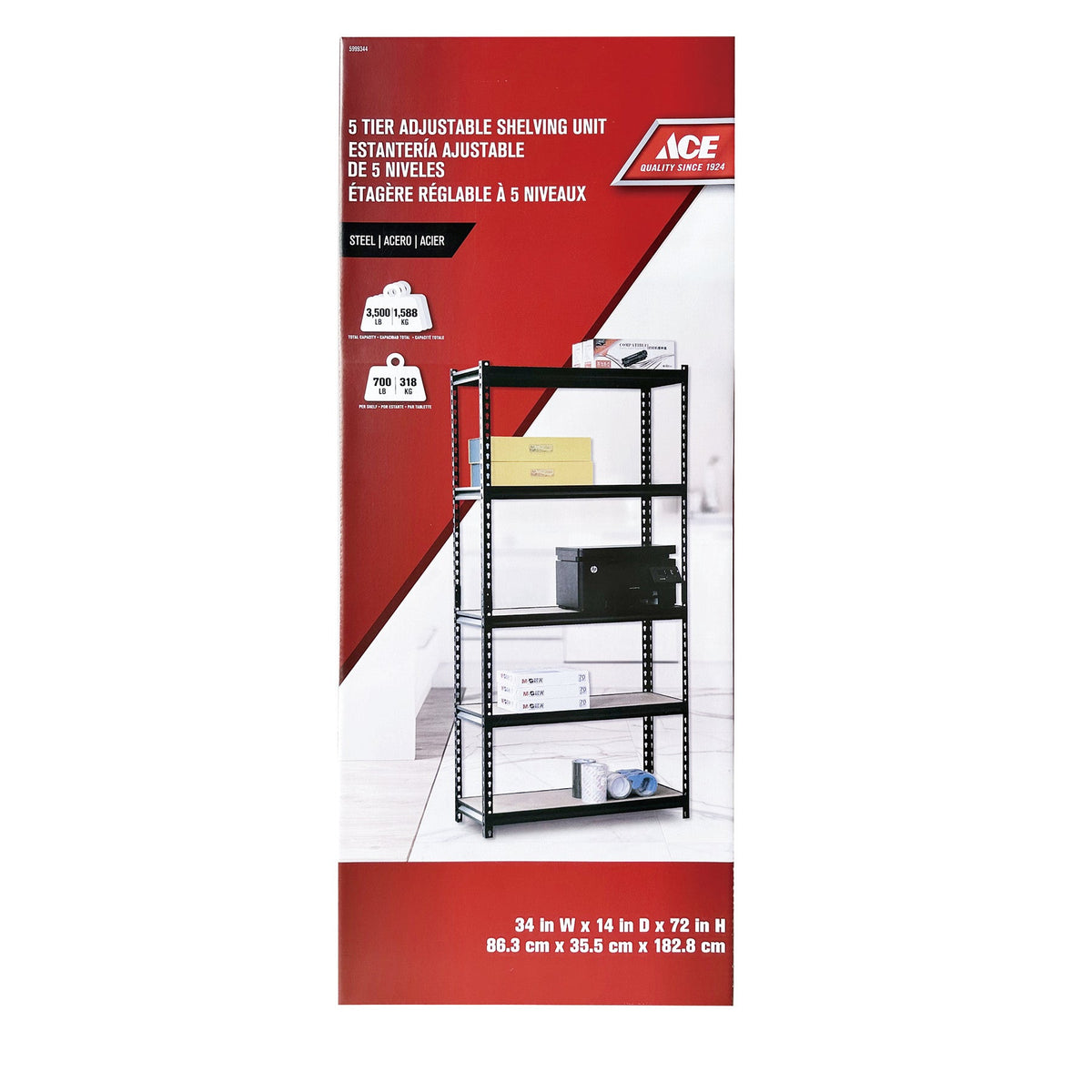 ACE SHELF UNIT 5 TIER 86.5CM X 35.5CM X 183CM (34IN X 14IN X 72IN) PARTICLE BOARD AND STEEL