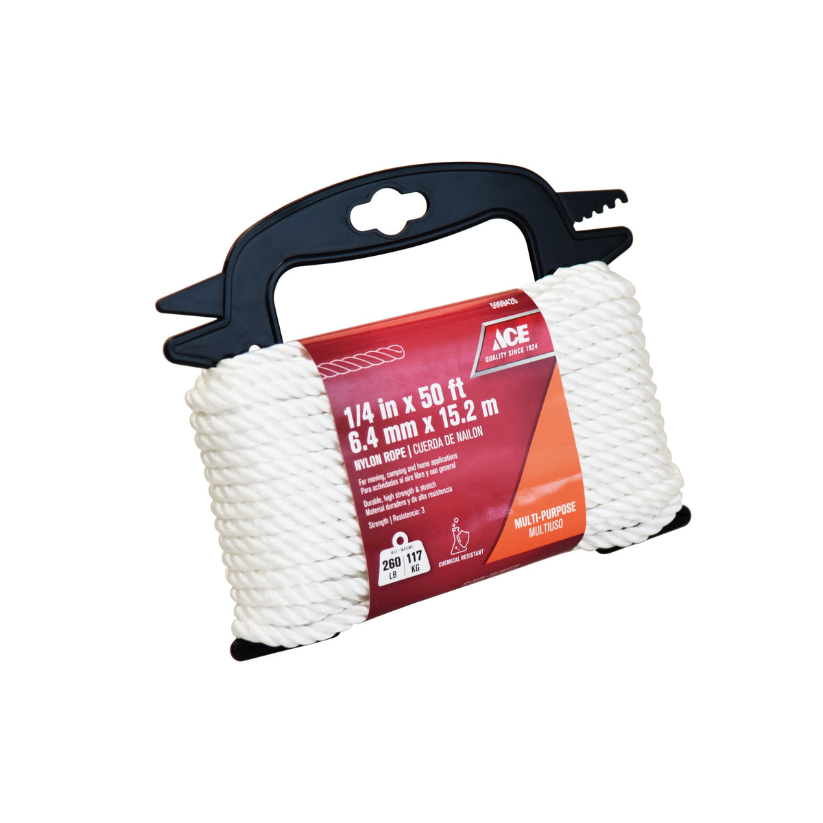 ACE white twisted nylon rope, quarter-inch by 50 feet