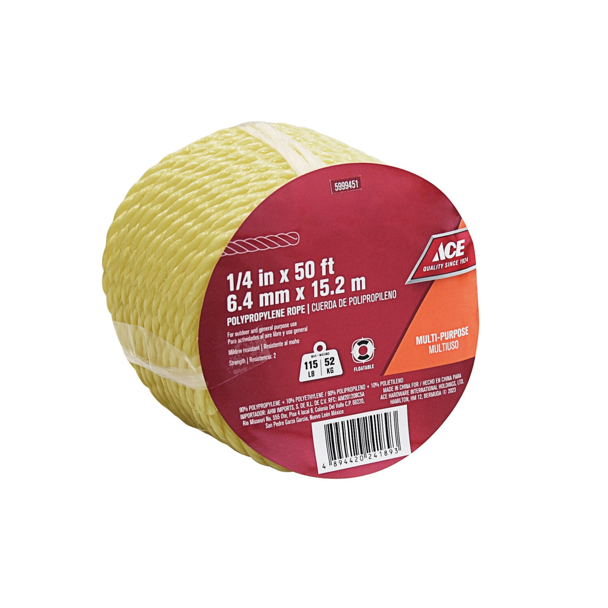 ACE 1/4IN X 50FT (0.64CM X 15.24M) YELLOW TWISTED POLYPROPYLENE ROPE