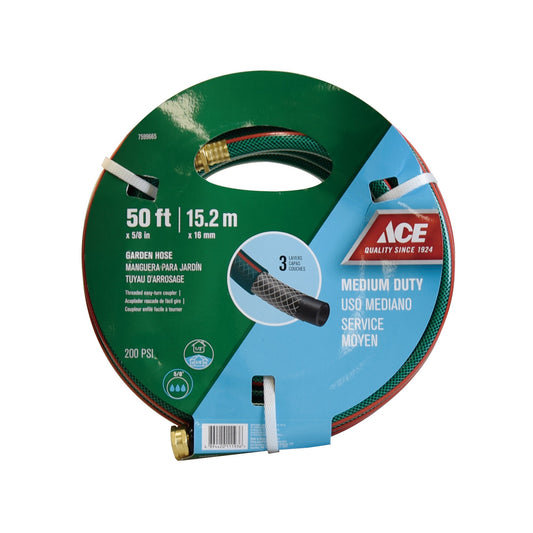 GARDEN HOSE MEDIUM DUTY 50FT X 5/8IN DIA. (15.2M X 15.9MM DIA.) BRASS COUPLER ACE