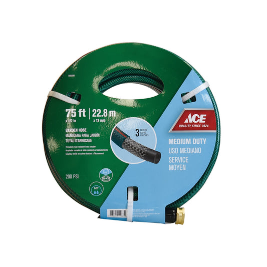 ACE GARDEN HOSE MEDIUM DUTY 75FT X 1/2IN DIA. (22.9M X 12.7MM DIA.) BRASS COUPLER