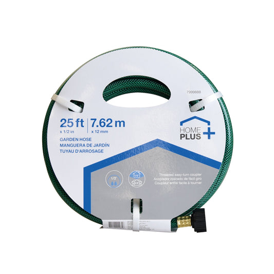 HOME PLUS LIGHT DUTY GARDEN HOSE 25FT X 1/2IN DIA. (7.62M X 1.3CM DIA.) PLASTIC COUPLER