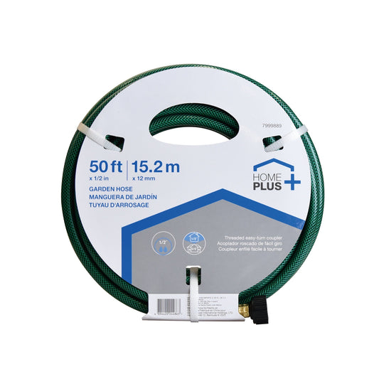 HOME PLUS LIGHT DUTY GARDEN HOSE 50FT X 1/2IN DIA. (15.24M X 1.3CM DIA.) PLASTIC COUPLER